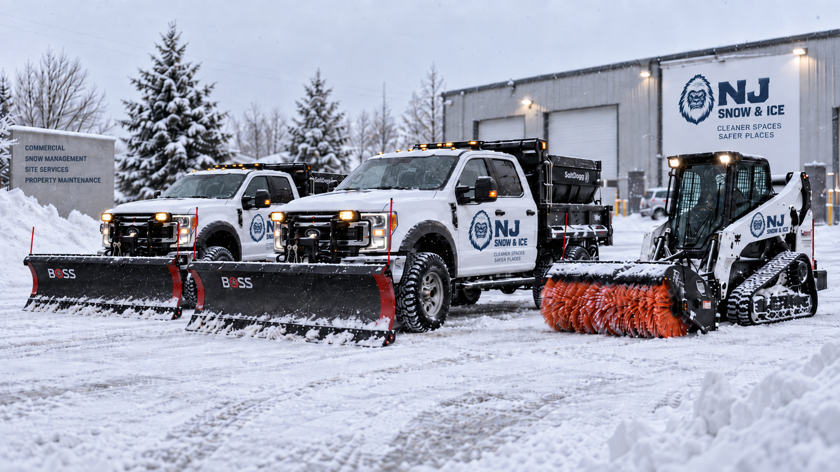 NJ Snow & Ice fleet of plow trucks and equipment ready for winter storms