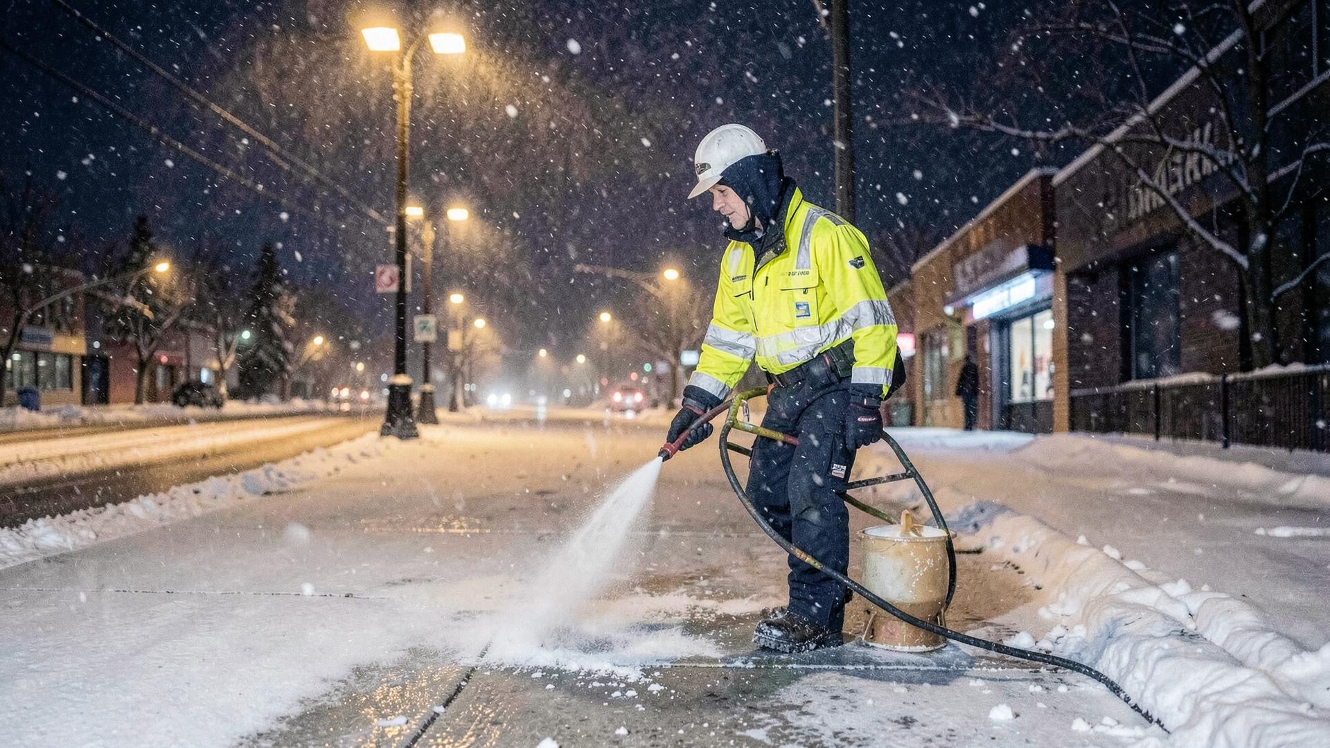 Crew member deicing a sidewalk during a nighttime snowstorm